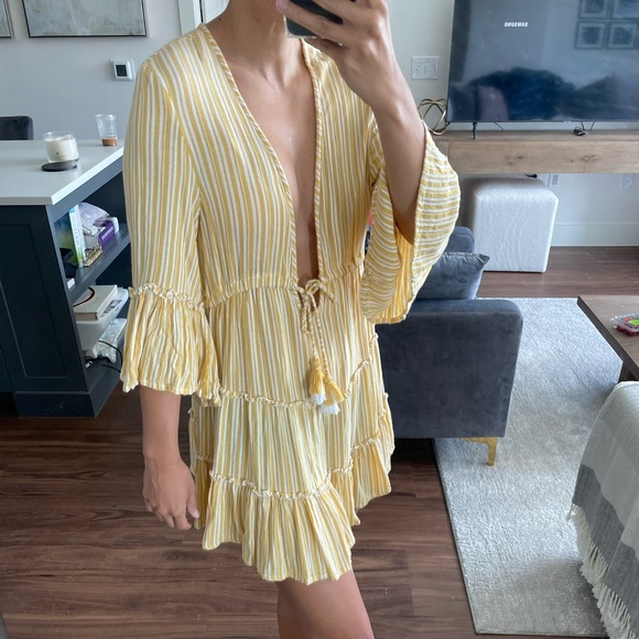 blue island Other - Yellow and white striped swimsuit cover-up, Tie front